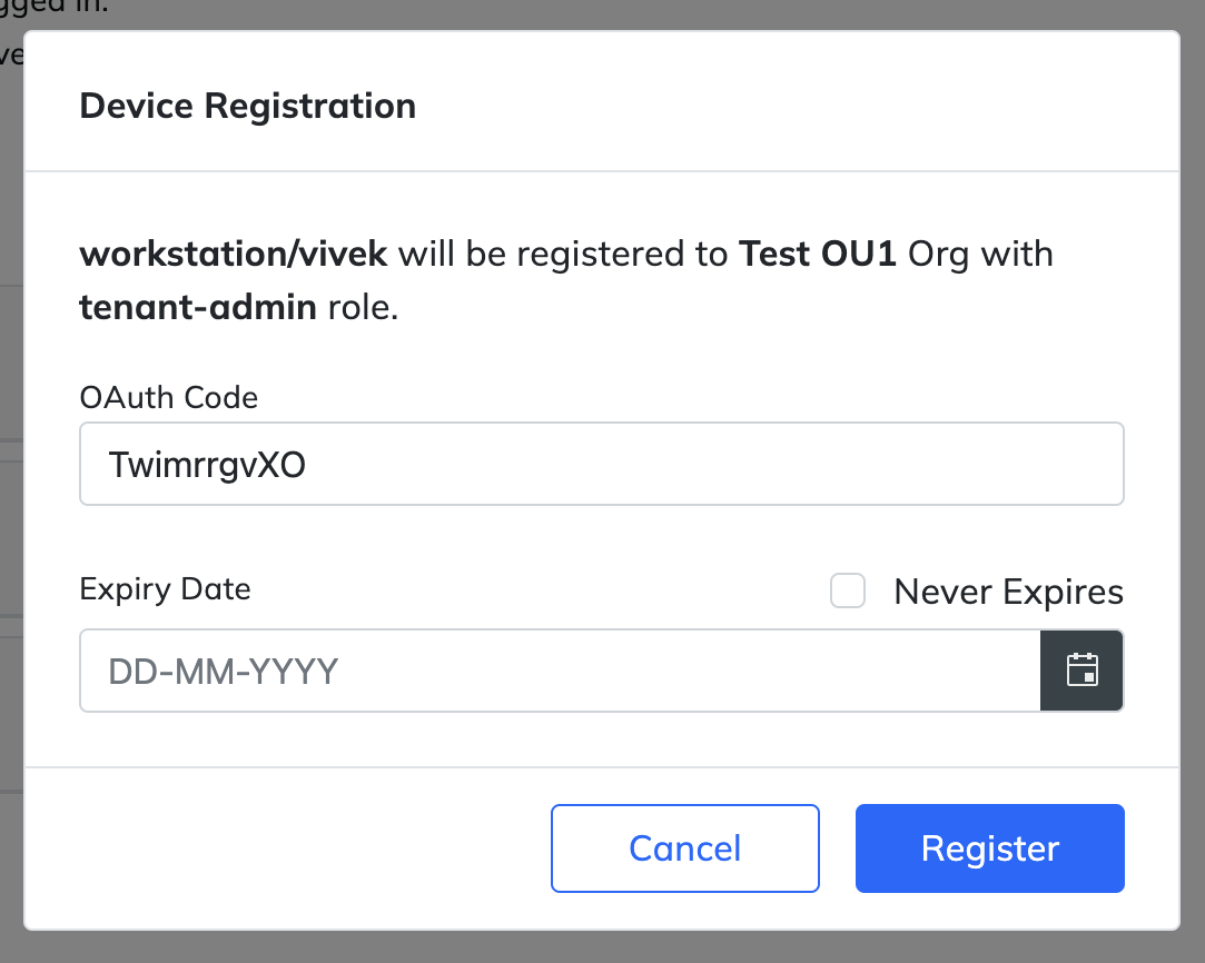 Chef 360 Platform device authorization screen with OAuth token and expiration date.